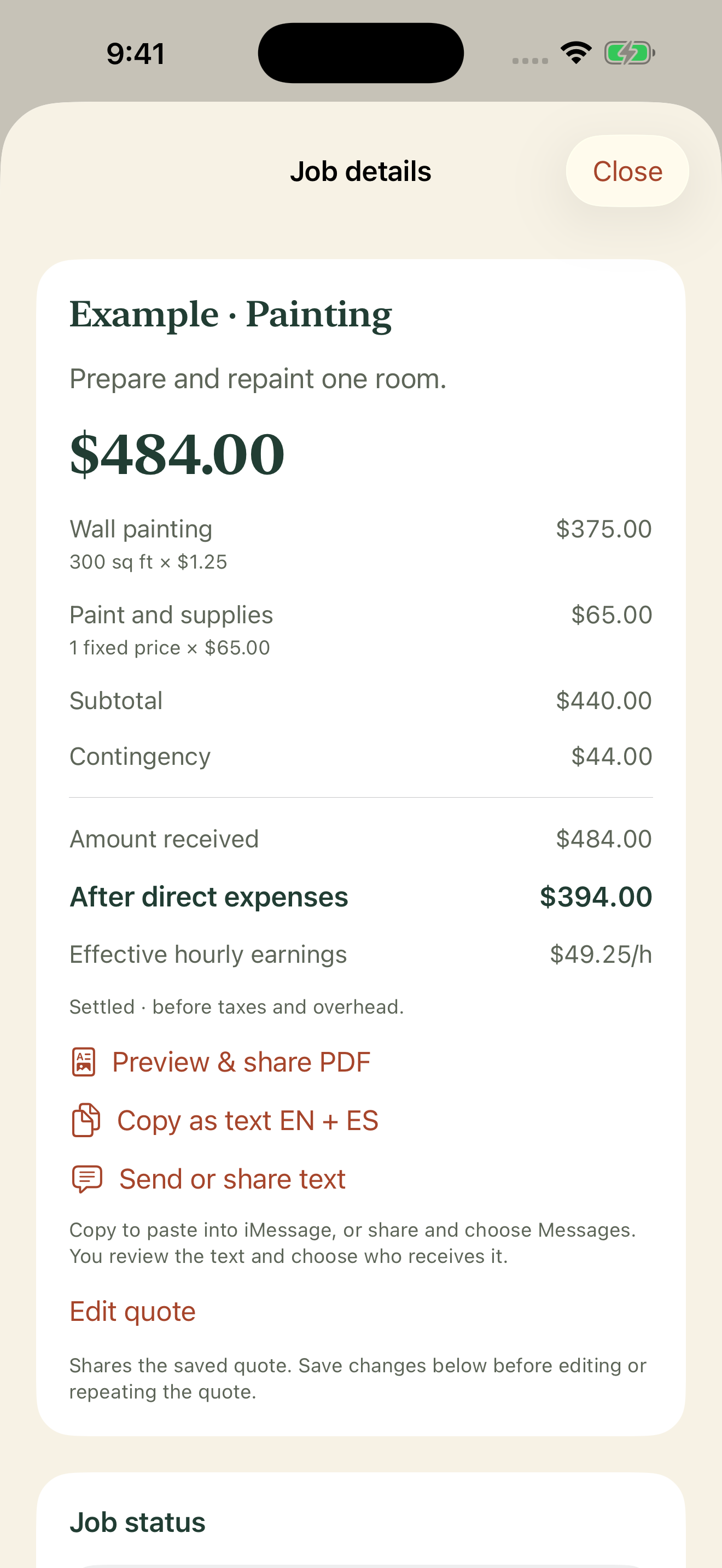 English development screenshot: Example · Painting, an itemized quote of $484.00 USD