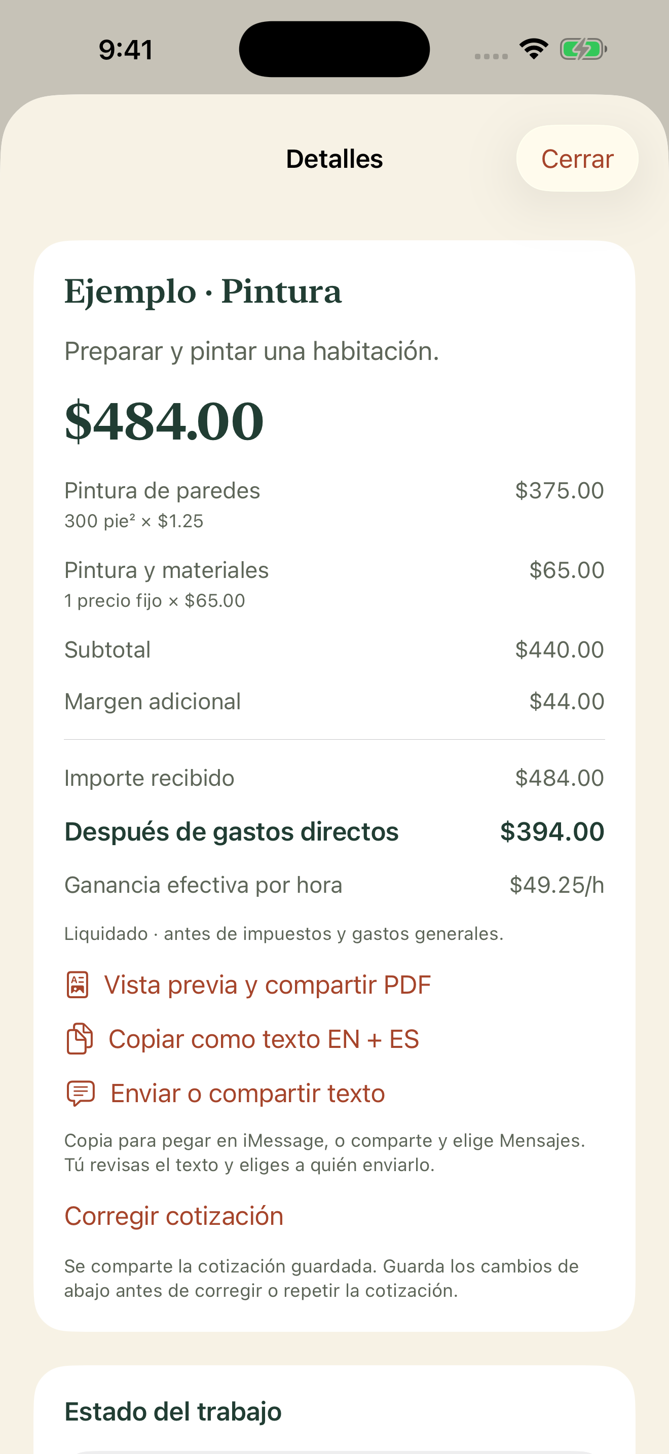 Captura de desarrollo en español: Ejemplo · Pintura, presupuesto por partidas de $484.00 USD